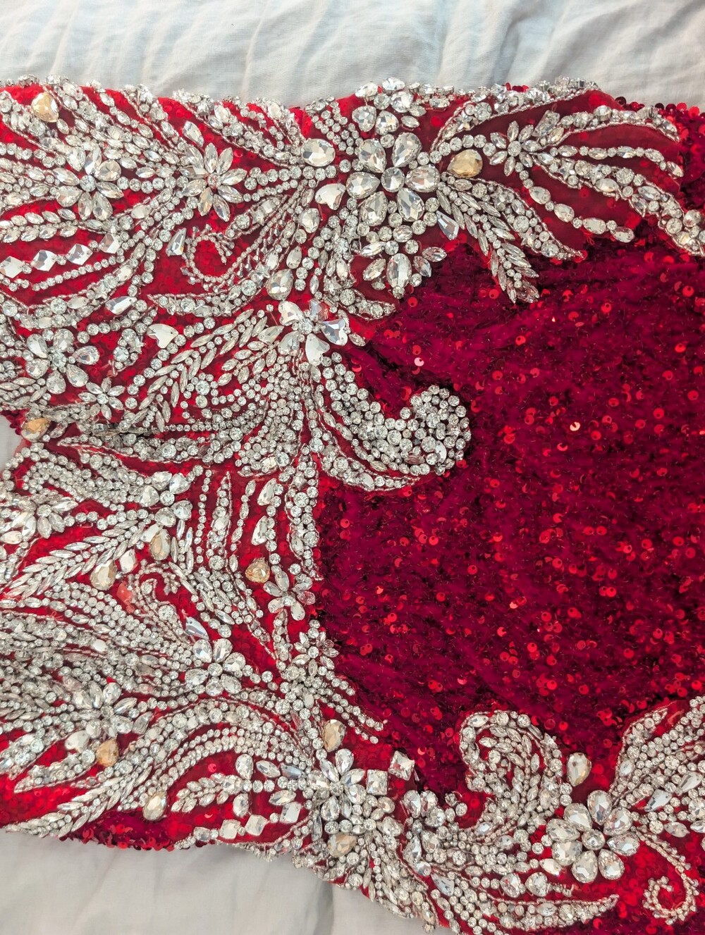 Strapless Red Sequin Evening Gown with Silver Embellishment - Picture 8 of 9